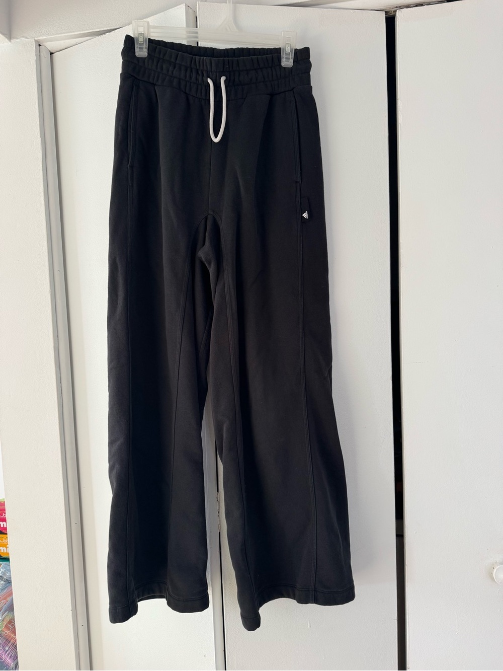 adidas Wide Leg Black Drawstring Pants with White Cord